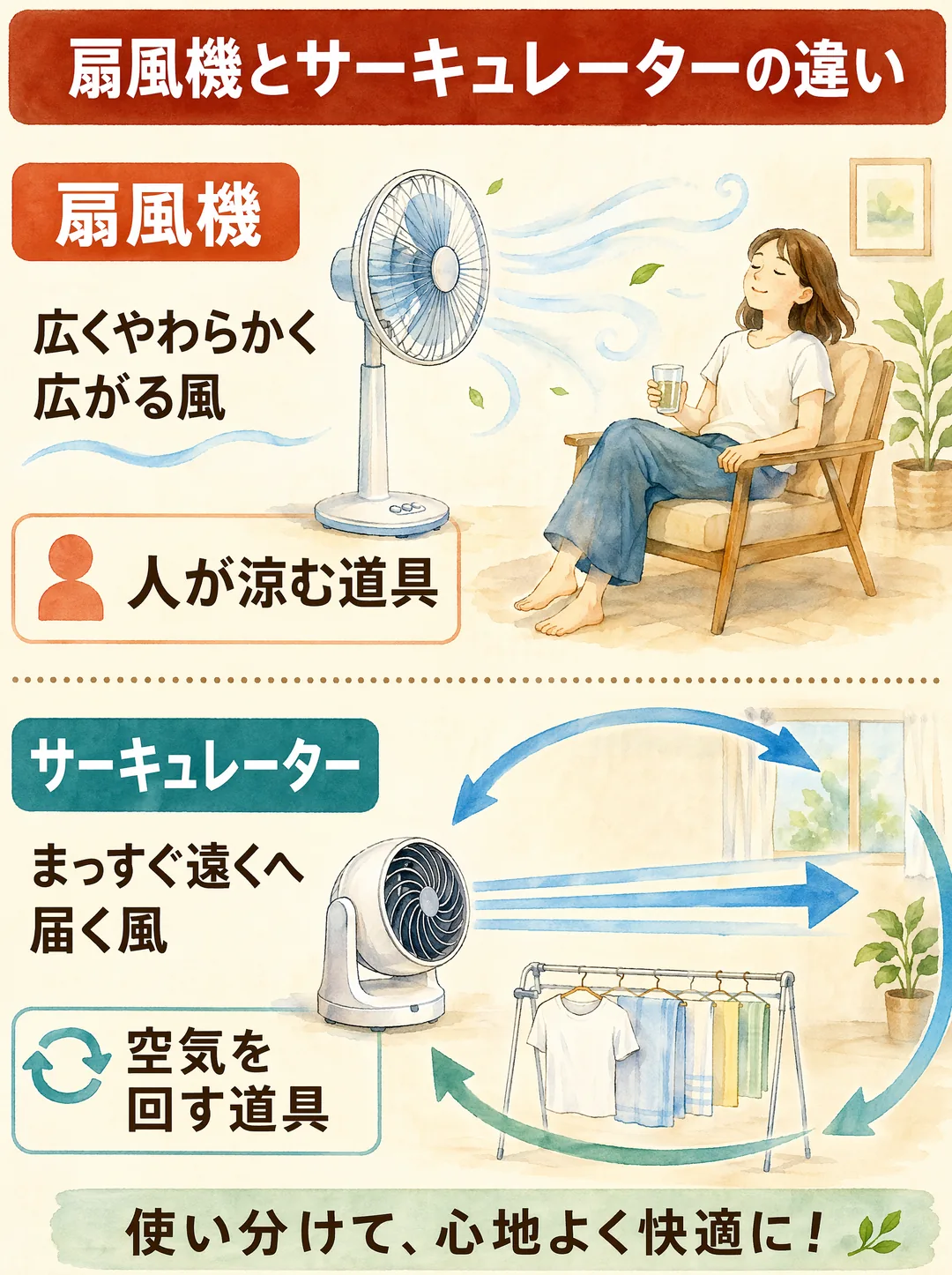 扇風機とサーキュレーターの違いの図解。上下2段で比較しています。上段の「扇風機」は、広くやわらかく広がる風の曲線と、椅子に座って風にあたりくつろぐ人のイラストで「人が涼む道具」。下段の「サーキュレーター」は、まっすぐ遠くへ届く直線的な風と、部屋の空気がぐるっと循環する矢印、物干しの洗濯物のイラストで「空気を回す道具」。下部に「使い分けて、心地よく快適に」。人を涼しくする扇風機と、部屋の空気を動かすサーキュレーターの役割の違いが分かります。