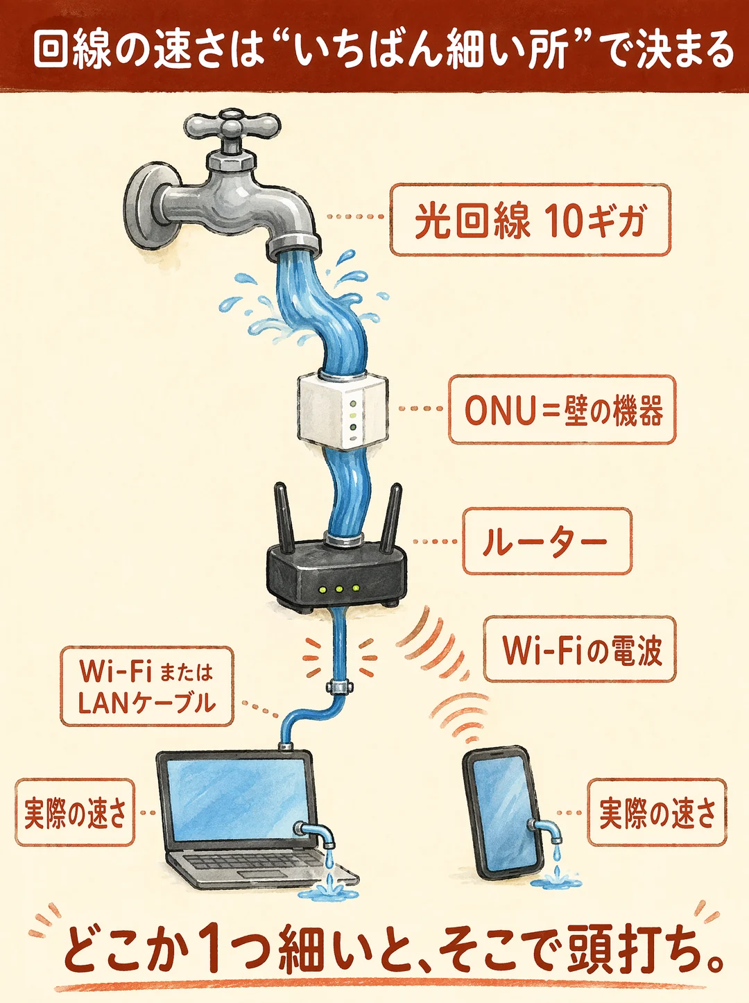 回線の速さは“いちばん細い所”で決まる、を水道の蛇口でたとえた図解。上から順に、①蛇口（光回線 10ギガ）から太いホースで勢いよく水が流れ、②白い箱（ONU＝壁の機器）を通り、③黒いWi-Fiルーターのところでホースが細くなります。ルーターから先は、④ノートパソコンへは青いLANケーブル（有線）、スマートフォンへはWi-Fiの電波（無線）で分かれてつながり、⑤最後にパソコンとスマホに届く「実際の速さ」は水がチョロチョロに。どこか1つ細いと、そこで頭打ちになることを表しています。