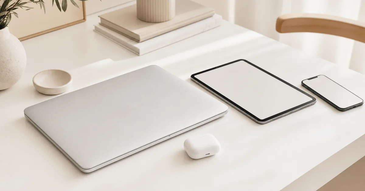 Apple製品と使うワイヤレスイヤホン記事のヘッダー画像。明るくミニマルな白基調のデスクに、汎用ワイヤレスイヤホンの白いケースと、ロゴのない無印のノートパソコン・タブレット・スマートフォンが整然と並ぶ。機器をまたいで使う世界観を、ベージュの温かみを添えた清潔感あるトーンで。
