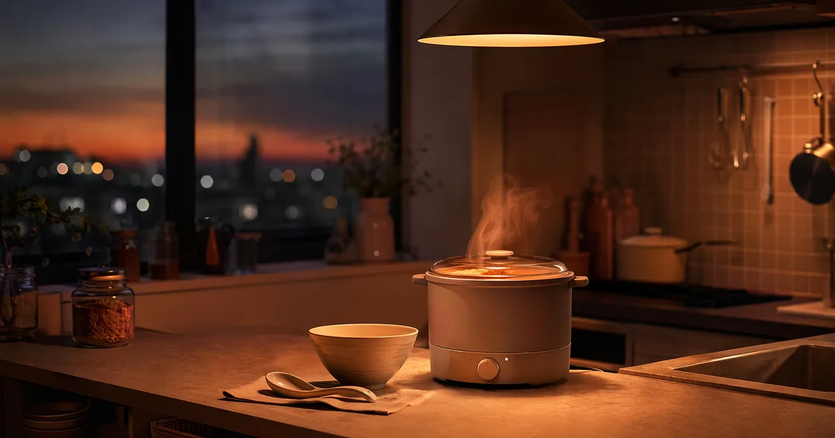 1〜2人用の自動調理鍋・電気圧力鍋紹介ページのヘッダー画像。夕暮れの街並みが見える窓辺のキッチンで、小ぶりの電気調理鍋から湯気が立ち、一人分の器とスプーンがペンダントライトの明かりにやさしく照らされている。
