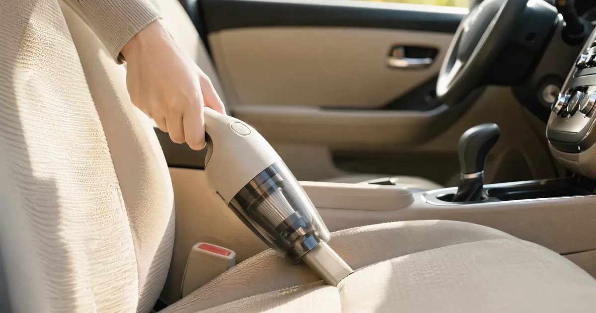 ハンディクリーナー紹介ページのヘッダー画像。車の運転席シートを、片手で持ったハンディクリーナーで掃除している場面。すき間ノズルが座面の継ぎ目に当てられている。