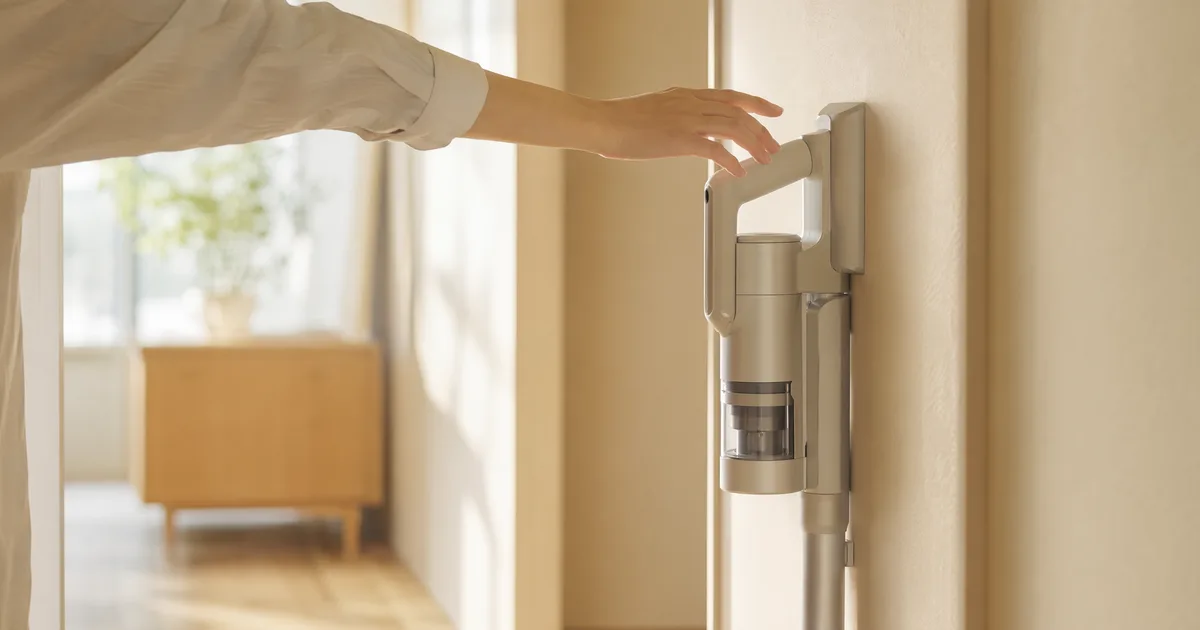 コードレス掃除機の選び方ページのヘッダー画像。朝の光が差し込む廊下で、壁掛け収納されたスティック掃除機に手を伸ばしている。ベージュ基調の明るい住まいの一角。