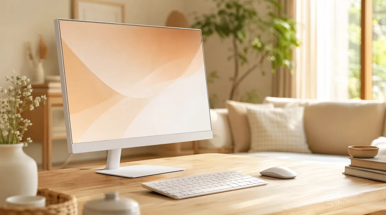 一体型（オールインワン）デスクトップPC記事のヘッダー画像。机の上に大きな画面と本体が一つになった一体型パソコンが置かれ、ワイヤレスのキーボードとマウスが手前に並ぶ。配線が少なくすっきりした明るい部屋で使うイメージ。