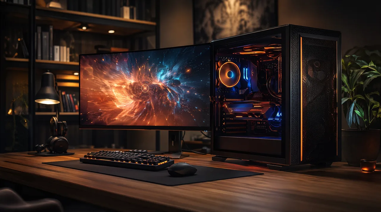 本格ゲーミングデスクトップPC記事のヘッダー画像。机に置かれた高性能ゲーミングデスクトップPC本体と大型モニターに、WQHD〜4Kの美しい大型ゲームの映像が鮮やかに映り、本体内部が上品に光る。重いゲームを妥協なく楽しむ夜のシーン。