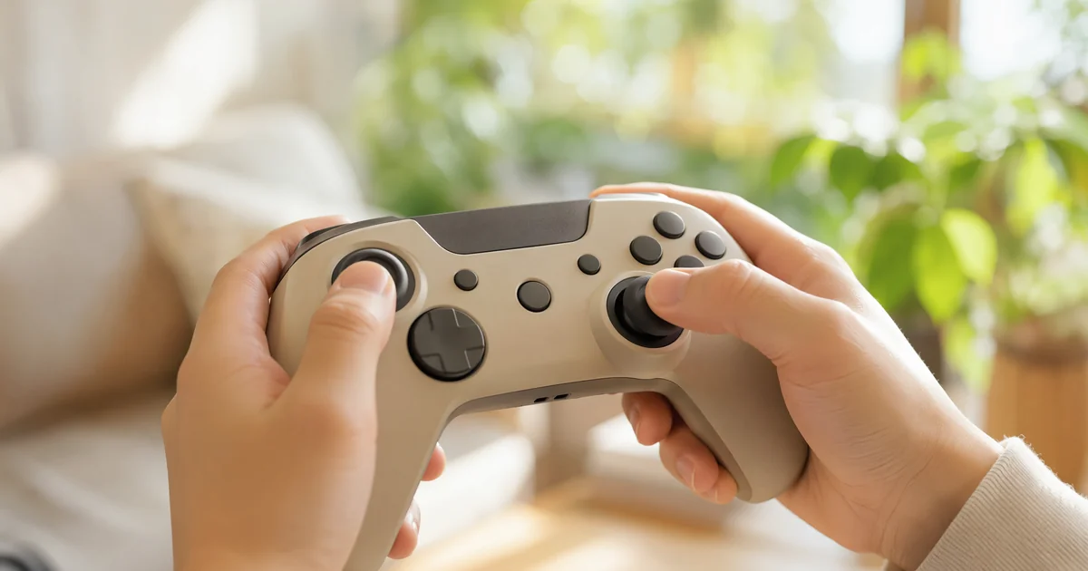 アクションゲームTOP3のヘッダー画像。明るい昼のリビングで、ベージュのゲームコントローラーを両手で握って操作している手元のクローズアップ。