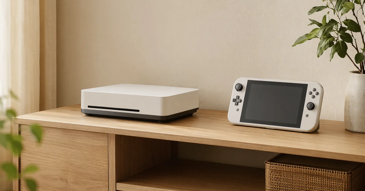 ゲーム機本体TOP3のヘッダー画像。木のテレビ台の上に白い据置型ゲーム機と、スタンドに立てた携帯型ゲーム機が並ぶ。観葉植物のある明るいベージュの部屋。