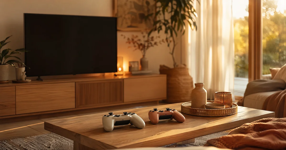 ゲーム機とソフトの選び方ページのヘッダー画像。夕方の暖かなリビングで、テレビ前の木のローテーブルに白とテラコッタ色のゲームコントローラーが2つ置かれている。ベージュ基調の落ち着いた空間。