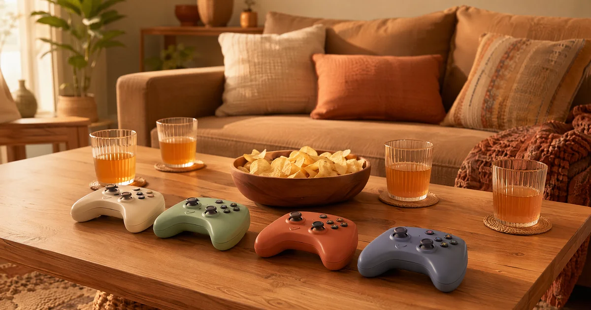 パーティゲームTOP3のヘッダー画像。木のローテーブルに白・緑・オレンジ・青の4色のコントローラーが並び、ポテトチップスと飲み物が置かれた、みんなで集まる日のリビング。