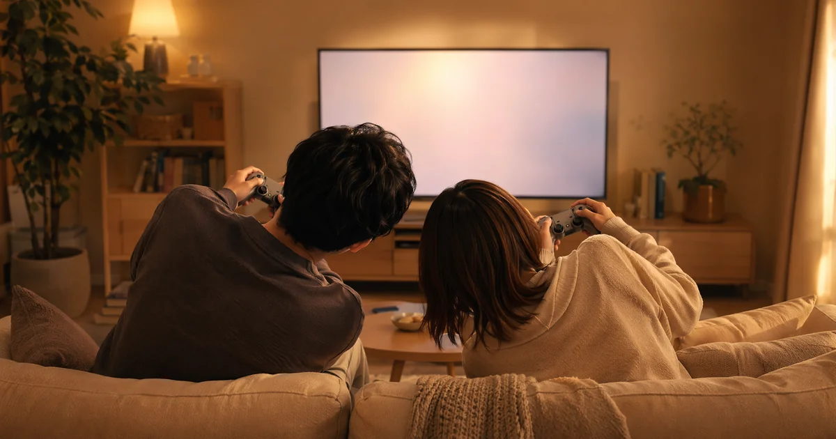 レースゲームTOP3のヘッダー画像。暖色の照明のリビングで、2人がソファに並んでコントローラーを握り、テレビ画面に向かっている後ろ姿。
