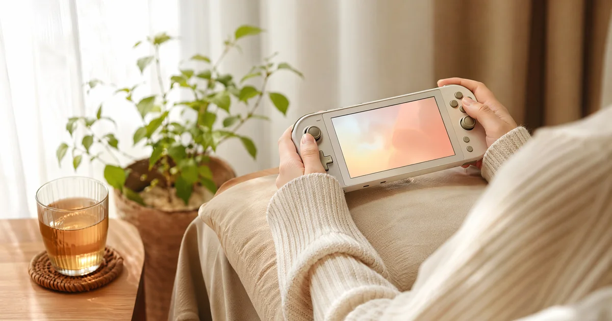 シミュレーション・まったり系ゲームTOP3のヘッダー画像。窓辺のやわらかな光の中、ソファでくつろぎながら携帯ゲーム機を両手で持つ人。画面には朝焼けの空が映る。