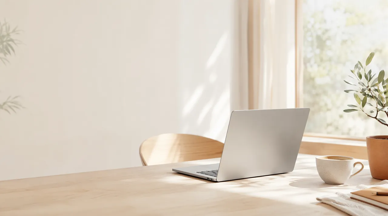 MacBook Air記事のヘッダー画像。明るく整った木目のデスクに薄型ノートパソコン・コーヒーカップ・手帳・観葉植物が並び、午前の柔らかな自然光が差し込む。仕事も学びもクリエイティブも、一台で軽やかにこなす日常の編集誌的なシーン。
