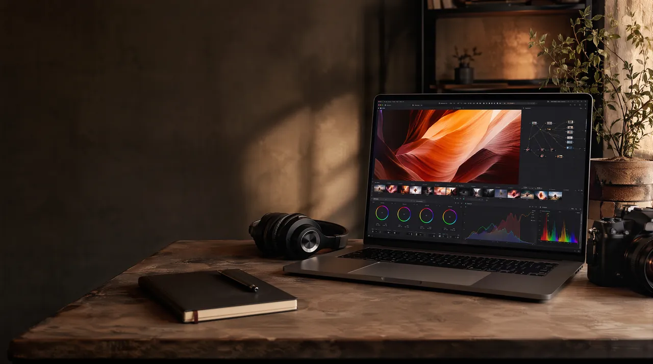 MacBook Pro記事のヘッダー画像。落ち着いた色合いのデスクに薄型のプロ向けノートパソコン・モニター・コーヒーカップ・ノートが並び、夕方の柔らかな自然光が差し込む。動画編集・プログラミング・本格的なクリエイティブを長時間こなす、大人のワークデスクの編集誌的なシーン。