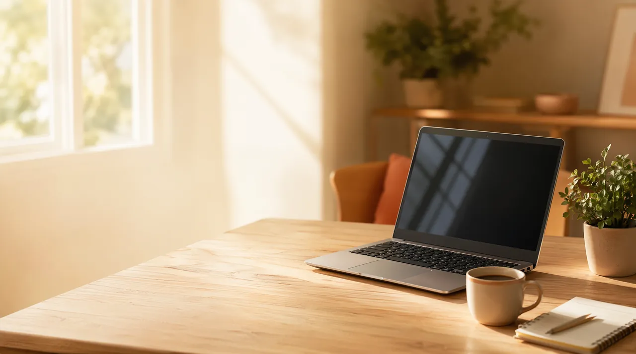 エントリーWindowsノート記事のヘッダー画像。明るいデスクに薄型のノートパソコン・コーヒーカップ・ノートが並び、午前の柔らかな自然光が差し込む。ネット・動画・文書のふだん使いを手頃に始める、はじめての1台の親しみやすいシーン。