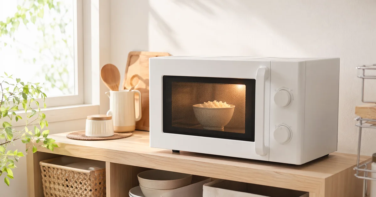 単機能電子レンジTOP3のヘッダー画像。明るいキッチンの木の棚に置かれた白いダイヤル式の電子レンジ。庫内の灯りの中でご飯茶碗が温まっている。