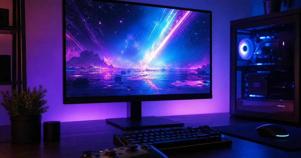 青と紫のアンビエントライトのゲーミングデスク。手前にゲームコントローラー、画面には宇宙的な光の映像