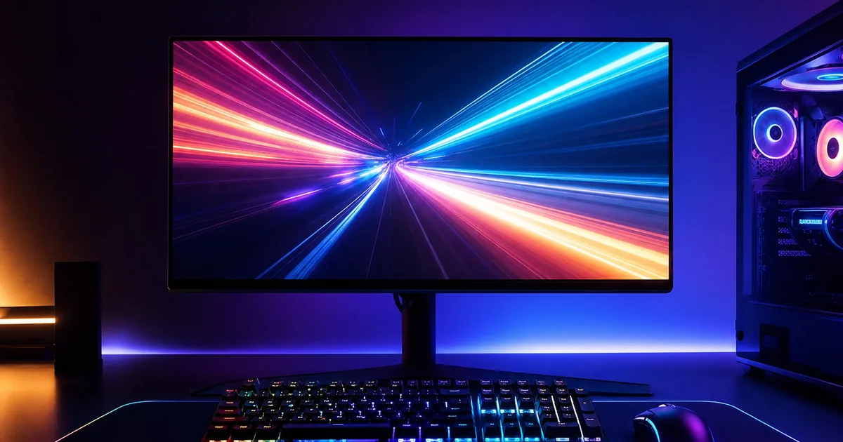 RGBライティングが映える本格的なPCゲーミング環境。27型モニターに疾走感のある光のエフェクト