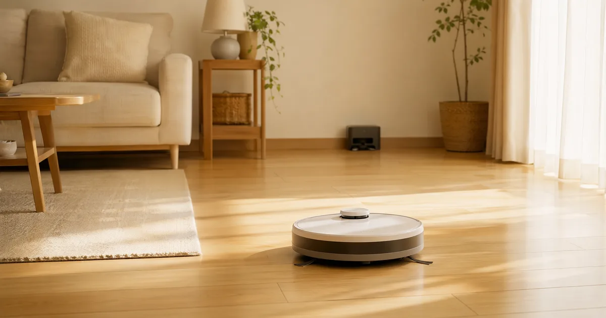 ロボット掃除機紹介ページのヘッダー画像。日の差すリビングの床を丸いロボット掃除機が走り、奥の壁際に充電ステーションが見える。