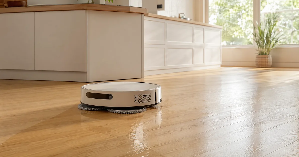 水拭きロボット掃除機紹介ページのヘッダー画像。キッチン前の木の床を回転モップ搭載のロボット掃除機が水拭きし、拭き跡が光っている。