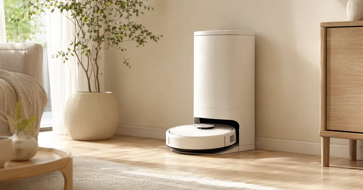 自動ゴミ収集ロボット掃除機紹介ページのヘッダー画像。明るい部屋で白いゴミ収集ステーションにロボット掃除機が戻っている。