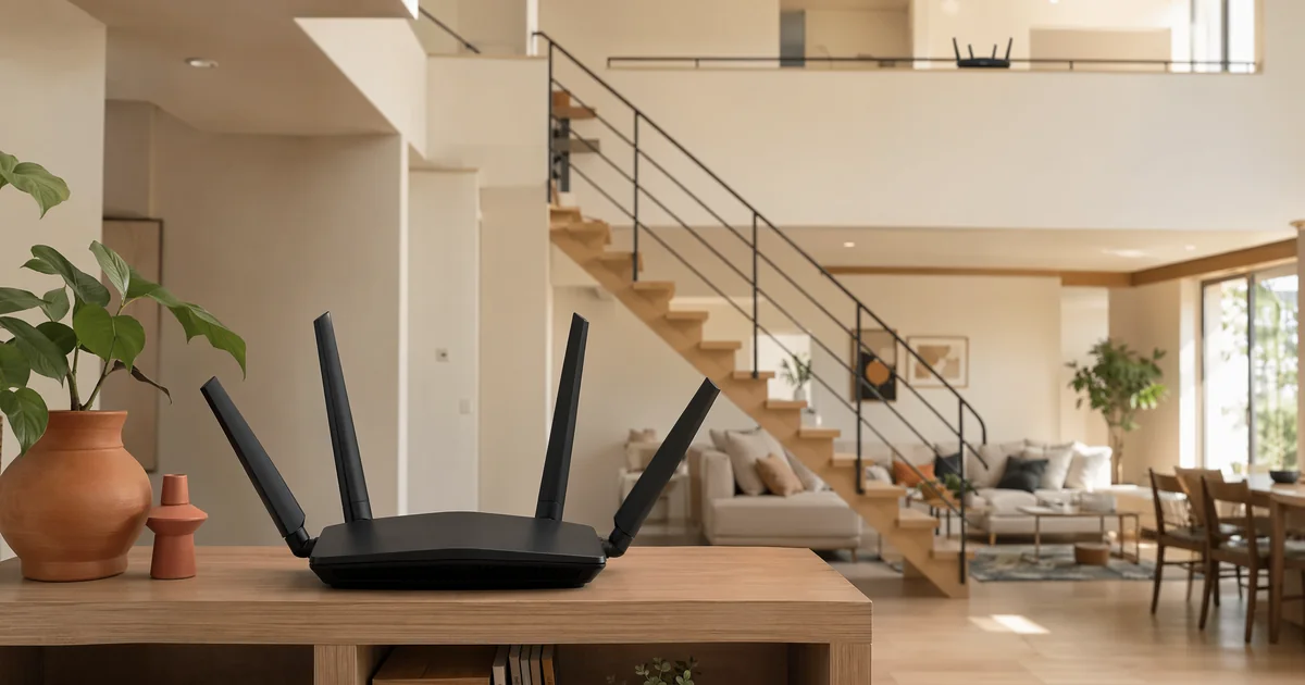 ハイクラス向けWi-Fiルーター記事のヘッダー画像。吹き抜けと階段のある広い戸建てのリビング。手前の木目の棚に大きな可動アンテナが4本立った黒いWi-Fiルーター、2階にも同じ機器がもう1台小さく見える、メッシュWi-Fiで家じゅうをカバーするイメージ。