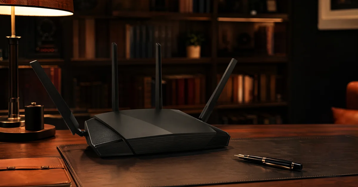 プレミアム向けWi-Fiルーター記事のヘッダー画像。夜の落ち着いた書斎。ダークブラウンのデスクに大きな可動アンテナが4本立った黒い大型Wi-Fiルーターが置かれ、革のデスクマットと万年筆、暖色の間接照明が高級感を添えるシーン。