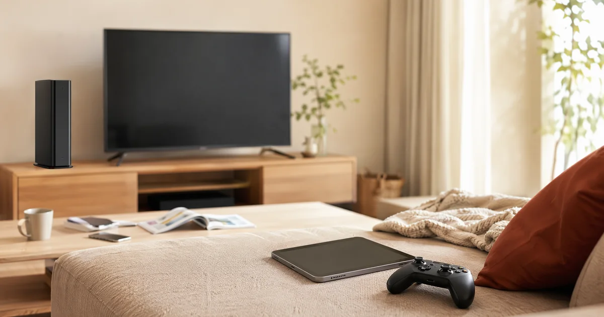 スタンダード向けWi-Fiルーター記事のヘッダー画像。家族のリビング。テレビボードの上に黒い縦置きWi-Fiルーターが置かれ、ソファにはタブレットとゲームコントローラー、テラコッタ色のクッション。家族で同時にネットを使う気配のある明るい空間。
