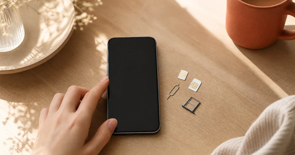 格安SIM記事のヘッダー画像。木目のデスクに、画面を消したスマートフォンと、取り出したSIMカード・SIMピン・SIMトレイが並ぶ。テラコッタ色のマグカップが差し色になった、明るく落ち着いた朝の机のシーン。