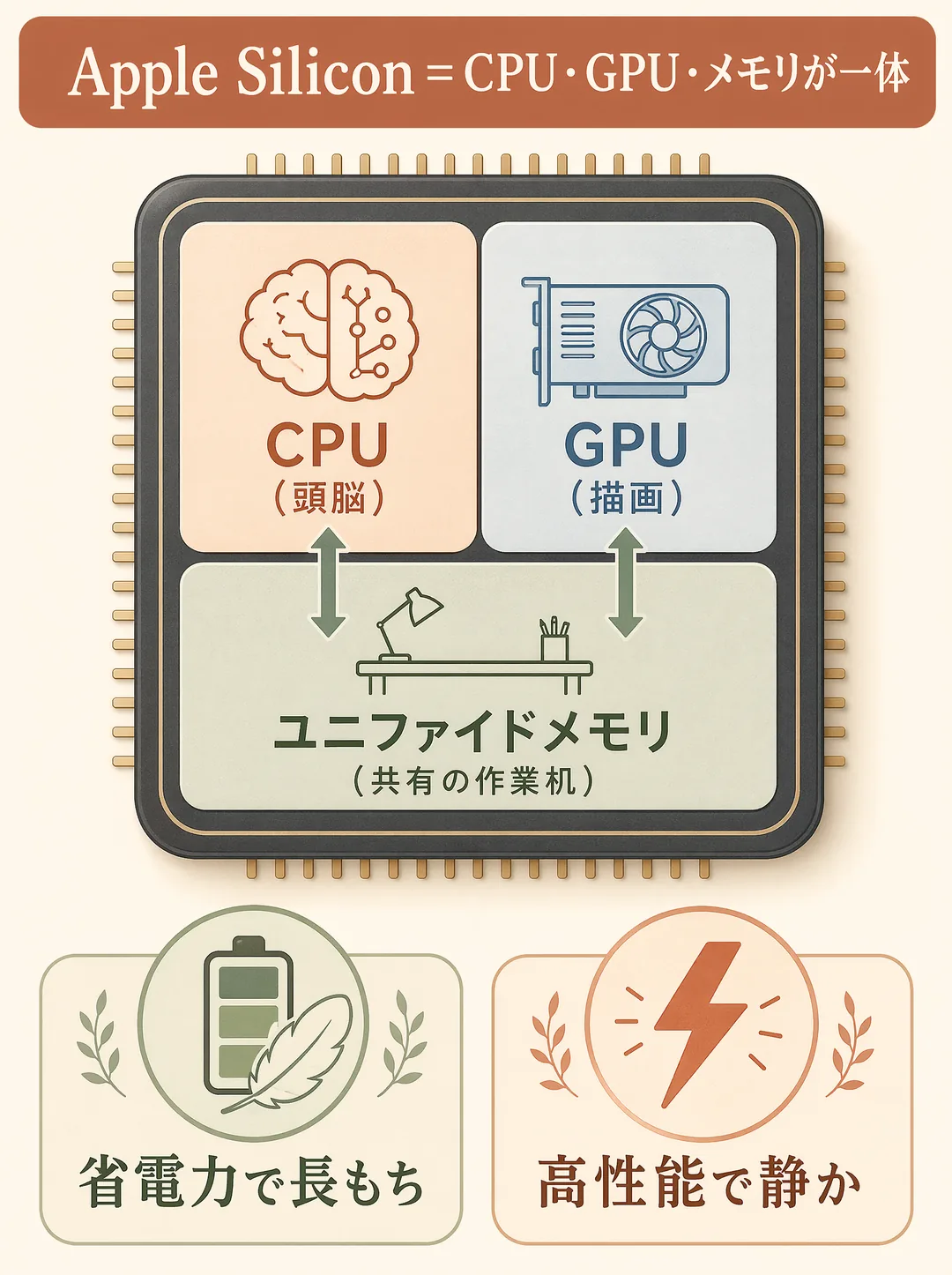 Apple Siliconの解説図解。Apple SiliconはAppleが自社設計したチップで、CPU（頭脳）・GPU（描画）・メモリを1枚のチップに一体化しているのが特徴です。図では大きなチップの内部を区画で分け、CPUとGPUが同じ「ユニファイドメモリ（共有の作業机）」を直接使い合う様子を示します。データのやり取りにムダが少なく、省電力で長時間バッテリーがもち、それでいて高性能で静かに動くのが強み。日常からクリエイティブ作業まで快適にこなせます。
