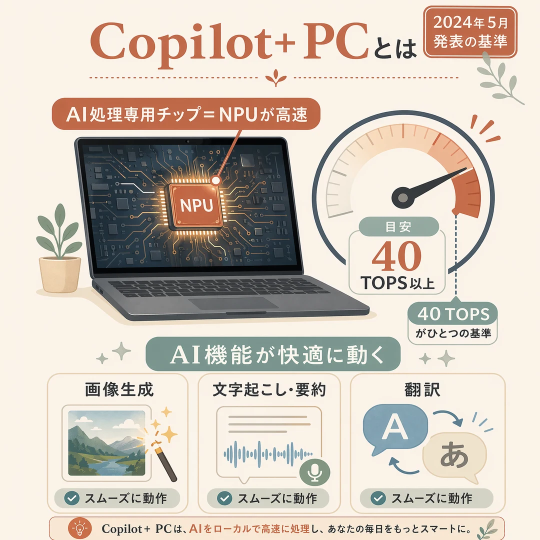 Copilot+ PCとは?の解説図解。2024年5月発表の基準。AI処理専用チップ=NPUが高速なパソコンで、目安はNPU 40 TOPS以上(40 TOPSがひとつの基準)。AI機能が快適に動く例として、画像生成・文字起こし/要約・翻訳がスムーズに動作。Copilot+ PCは、AIをローカルで高速に処理し、あなたの毎日をもっとスマートに。