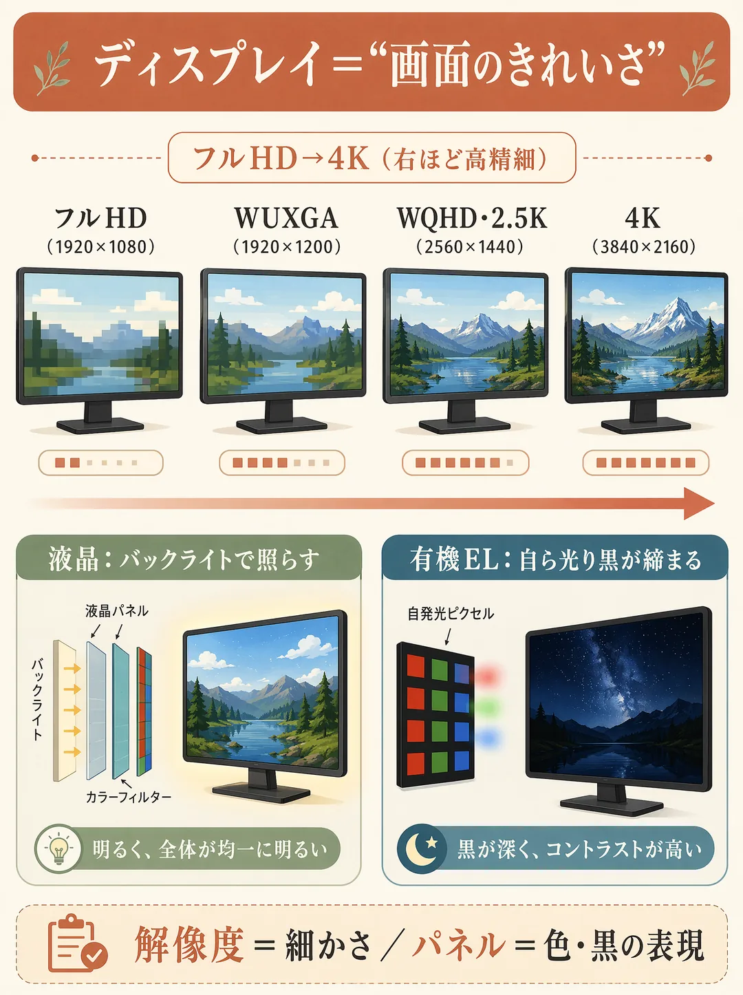 ディスプレイの解説図解。ディスプレイは画面のことで、「解像度」と「パネルの種類」で見え方が決まります。図の上段は解像度の段階で、フルHDからWUXGA・2.5K・4Kへと右にいくほどキメが細かく精細になると示します。下段は液晶と有機ELの違いで、液晶はバックライトで照らして明るく、有機ELは画素が自ら光るため黒が締まって色鮮やか。ポイントは、解像度は「細かさ」、パネルは「色や黒の表現」を左右するという役割の違いです。用途に合わせて選ぶと満足度が上がります。