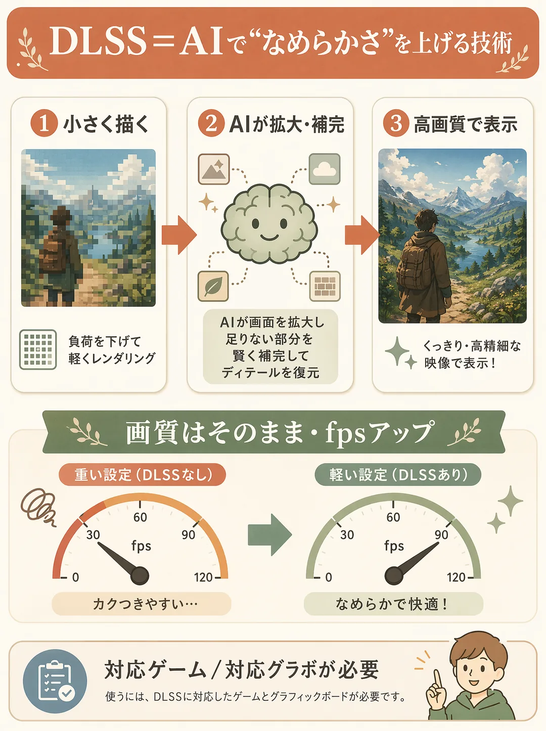 DLSSの解説図解。DLSSはAIを使って描画を軽くし、fps（1秒間の表示回数＝なめらかさ）を上げる技術です。図では3ステップで、まず小さい画像で軽く描き、次にAIが賢く拡大・補完し、最後に高画質のまま表示する流れを示します。左の普通の処理は重くカクつき、右のDLSS適用後は軽くなめらかになる様子をfpsメーターで対比。ポイントは画質を保ったままなめらかさを上げられること。利用には対応ゲームと対応グラフィックボードが必要です。