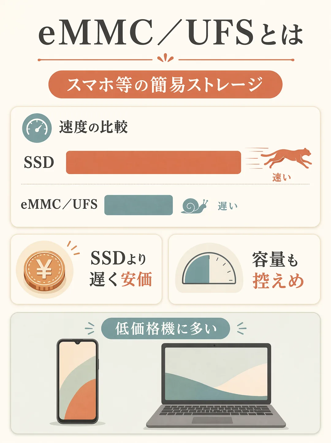 eMMC／UFSの解説図解。eMMC／UFSとは、スマートフォンなどに使われる簡易的なデータ保存装置（ストレージ）のこと。一般的なSSDと比べると読み書きが遅めで、その分価格が安く、容量も控えめなものが多い。たとえば動画編集のような重い作業には不向きだが、ネット閲覧や文書作成といった軽い用途なら使える。コストを抑えた低価格のパソコンに多く採用されている。安さ重視で選ぶときに知っておきたい部品。