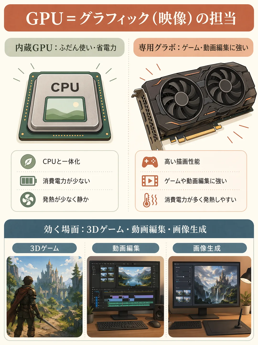 GPUの解説図解。GPUは映像や画像の処理を担当する部品で、ゲームや動画編集で重要になります。図では左右で比較し、左の内蔵GPUはCPUの中に同居していてふだん使い向け・省電力、右の専用グラフィックボード（グラボ）はファン付きの独立部品でゲームや動画編集に強い反面、発熱や消費電力は大きいと示します。下段は効く場面で、3Dゲーム・動画編集・画像生成などグラフィックが重い作業ほど専用グラボの有無が効いてきます。