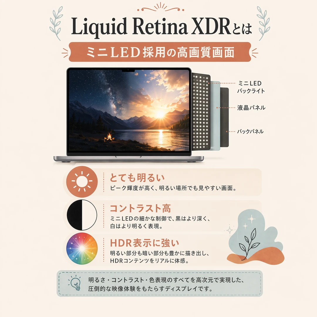 Liquid Retina XDRとは?の解説図解。ミニLED採用の高画質画面。MacBook Proの画面の分解イラストで、ミニLEDバックライト・液晶パネル・バックパネルの層構成を示します。特徴は3つ:①とても明るい=ピーク輝度が高く、明るい場所でも見やすい画面。②コントラスト高=ミニLEDの細かな制御で、黒はより深く、白はより明るく表現。③HDR表示に強い=明るい部分も暗い部分も豊かに描き出し、HDRコンテンツをリアルに体感。明るさ・コントラスト・色表現のすべてを高次元で実現した、圧倒的な映像体験をもたらすディスプレイです。