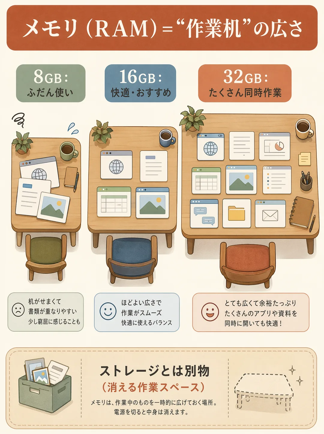メモリ（RAM）の解説図解。メモリは作業机の広さにたとえられ、広いほどアプリやファイルを同時にたくさん広げられて快適です。図では机を上から見た3つの大きさで比較し、8GBは小さな机でふだん使い向け、16GBは中くらいで快適・おすすめ、32GBは大きな机でたくさんの同時作業に向くと示します。ポイントは、保存場所のストレージとは別物で、電源を切ると消える一時的な作業スペースだということ。同時に開くアプリが多い人ほど広いメモリが効きます。