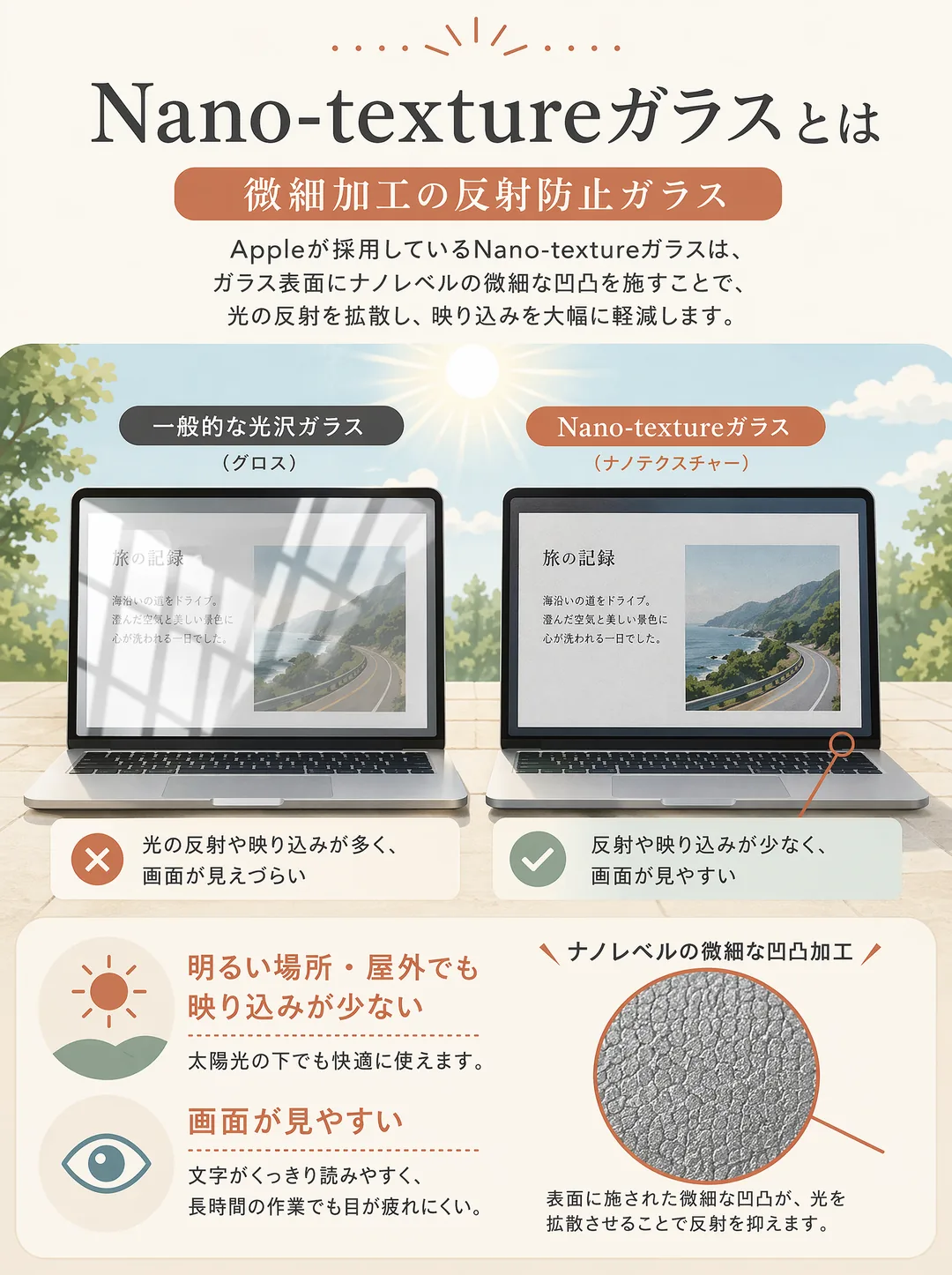 Nano-textureガラスの解説図解。Nano-textureガラスとは、画面表面に微細な加工をほどこした、Appleの反射防止ガラスのこと。光の映り込み（反射）を抑えるため、明るい室内や屋外、窓ぎわなどでも照明や景色が画面に映り込みにくく、表示が見やすい。たとえば日差しの入るカフェや屋外作業でも、画面がギラついて見づらくなるのを防げる。光の反射が気になる環境で長時間使う人に向いた、上質な画面仕上げ。