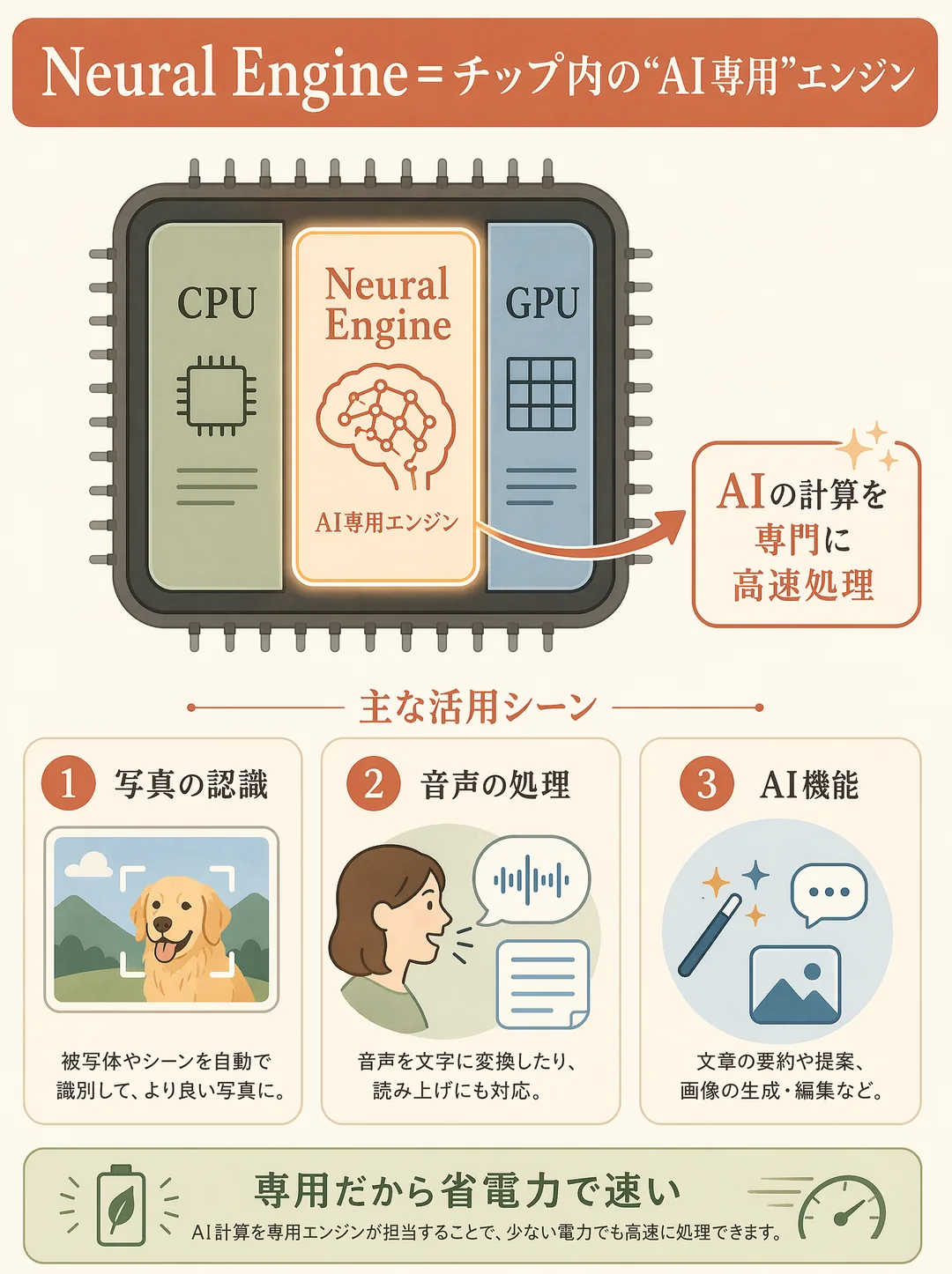 Neural Engineの解説図解。Neural EngineはApple製チップに搭載されたAI処理専用のエンジンで、写真・音声・各種AI機能の処理を高速化します。図ではチップの内部にAI専用ブロックを描き、CPUやGPUと並んで同居しながら、AIの計算だけを専門に担う様子を示します。下段の用途は、写真の被写体認識、音声の文字起こしや読み上げ、AI機能など。専用エンジンで処理するため、省電力で素早く動くのが強みです。日常のスマートな機能を陰で支えています。