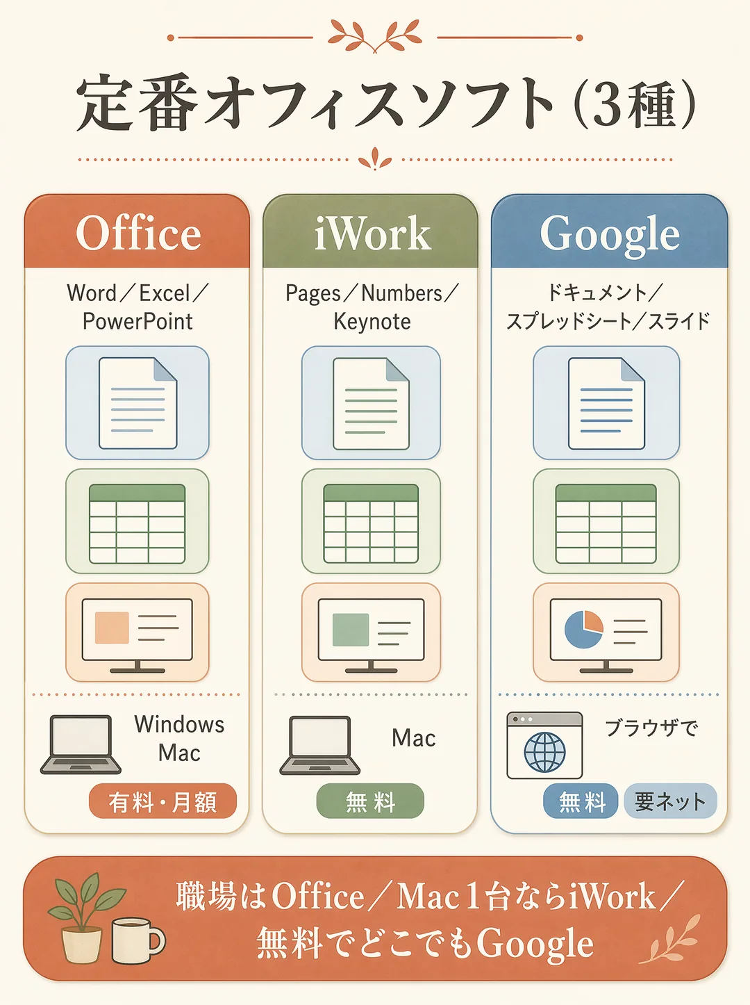 オフィスソフト（Office・iWork・Google）の解説図解。文書・表計算・プレゼン資料を作る定番ソフトを3種類くらべる。①Office（Word／Excel／PowerPoint）＝マイクロソフト製、Windows中心だがMacでも使え、仕事で最も広く使われる（買い切りや月額のMicrosoft 365）。②iWork（Pages／Numbers／Keynote）＝アップル製でMacに無料で標準搭載。③Googleドキュメント／スプレッドシート／スライド＝ブラウザで使える無料アプリで、Windows・Macどのパソコンでもネットにつながれば使え、自動保存やみんなで同時編集が得意（Googleアカウントが必要）。職場がOffice中心ならOffice、Mac1台で完結ならiWork、無料でどこでも共同作業するならGoogle、と使い分けられる。