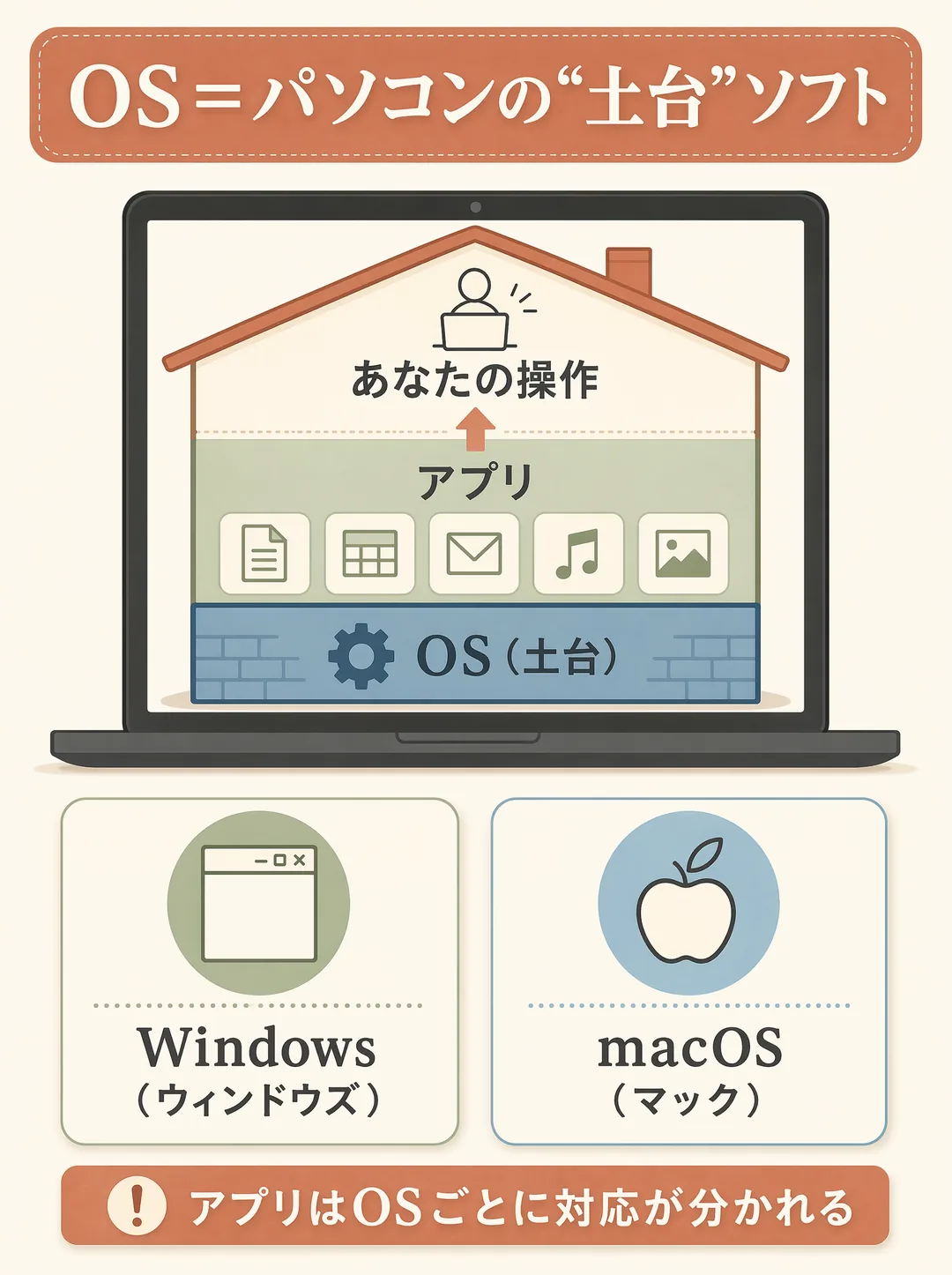 OSの解説図解。OSはパソコンを動かす一番土台のソフトで、アプリやファイルを管理し操作を受け付ける司令塔です。図では画面の中身を3層で表現し、下から「OS（土台）」→その上に「アプリ」→一番上に「あなたの操作」と積み上がる仕組みを示します。ノートパソコンの2大OSはマイクロソフトのWindows（ウィンドウズ）とAppleのmacOS（マック）。ポイントは、同じソフトでも「Windows版」「Mac版」と対応が分かれ、片方にしか無いこともあること。買う前に使いたいソフトがそのOSに対応しているか確認すると失敗しません。
