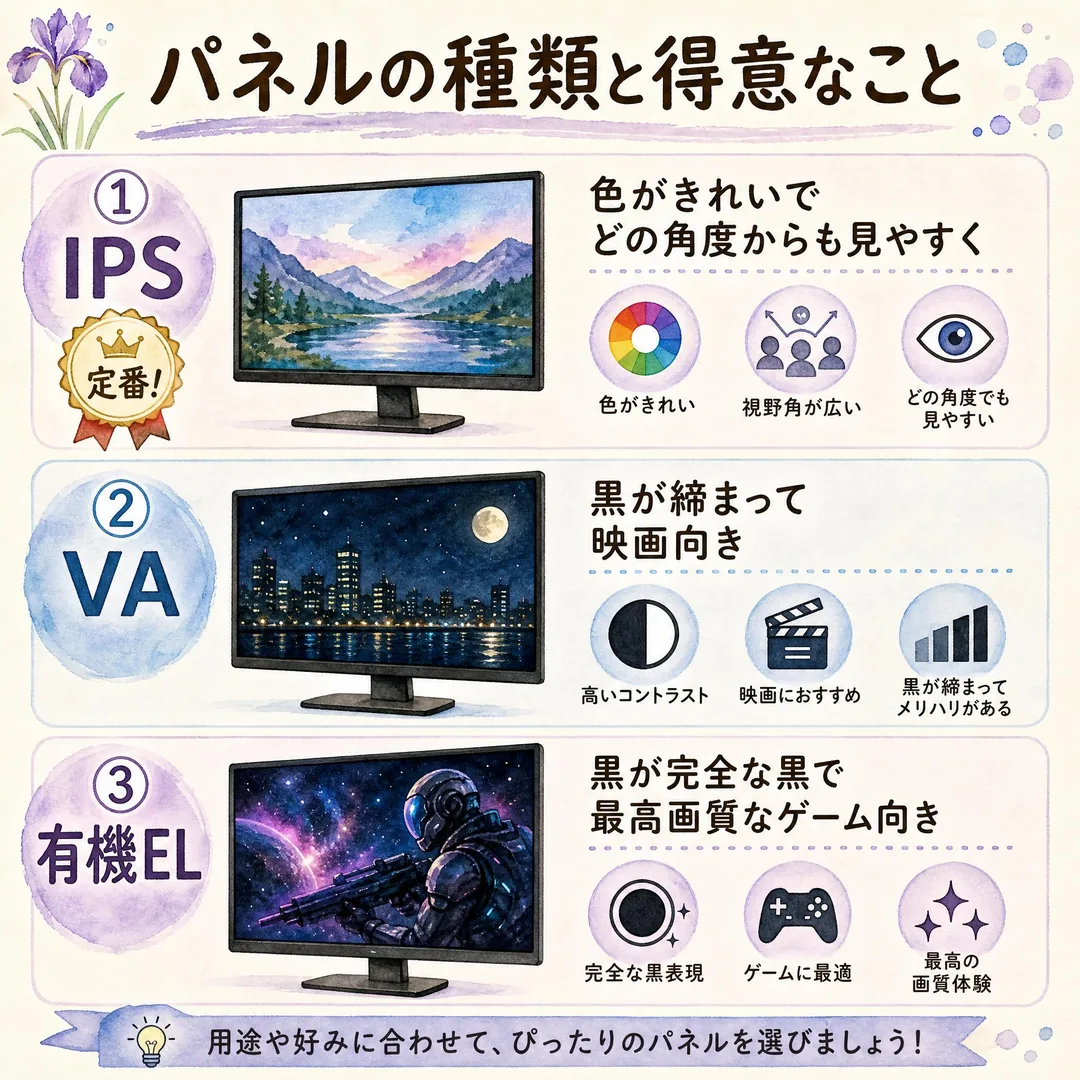 パネルの種類と得意なことの図解。①IPS（定番）＝色がきれいでどの角度からも見やすい、②VA＝黒が締まって映画向き、③有機EL＝黒が完全な黒で最高画質でゲーム向き。最後に「用途や好みに合わせて、ぴったりのパネルを選びましょう」とまとめています。