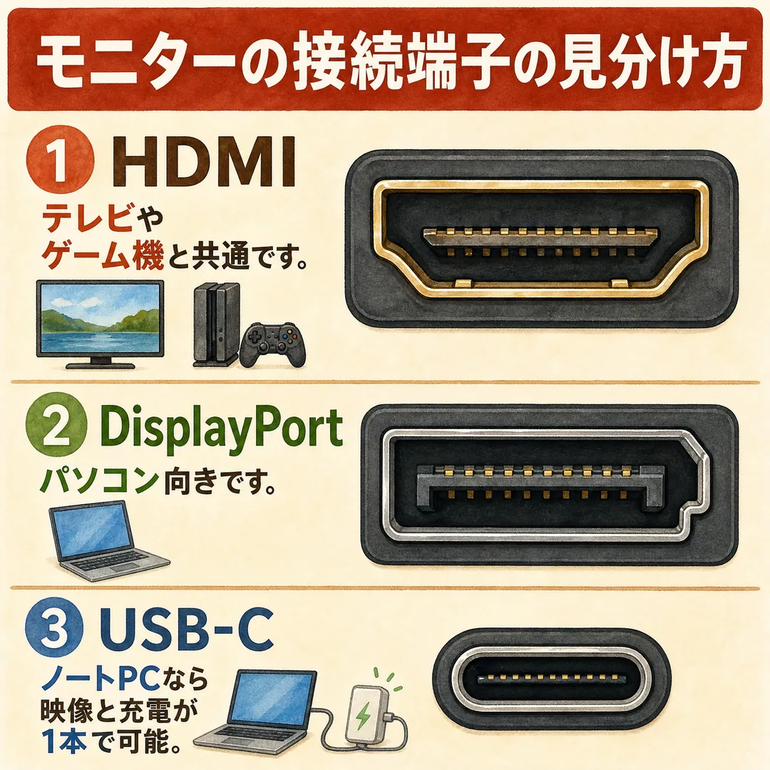 モニターの接続端子の見分け方の図解。①HDMIは台形の端子でテレビやゲーム機と共通、②DisplayPortは片側に切り欠きのある端子でパソコン向き、③USB-Cは小さな楕円形の端子で、映像出力に対応したノートPCなら映像と充電が1本で可能（ノートPCの側面からモニターへケーブル1本でつながるイラスト付き）。3種類の端子の形の違いを大きなイラストで示しています。