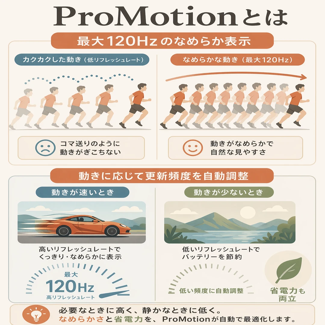 ProMotionとは?の解説図解。最大120Hzのなめらか表示。カクカクした動き(低リフレッシュレート)はコマ送りのように動きがぎこちないのに対し、なめらかな動き(最大120Hz)は動きがなめらかで自然な見やすさ。さらに動きに応じて更新頻度を自動調整:動きが速いときは高いリフレッシュレート(最大120Hz)でくっきり・なめらかに表示、動きが少ないときは低い頻度に自動調整してバッテリーを節約(省電力も両立)。必要なときに高く、静かなときに低く。なめらかさと省電力を、ProMotionが自動で最適化します。