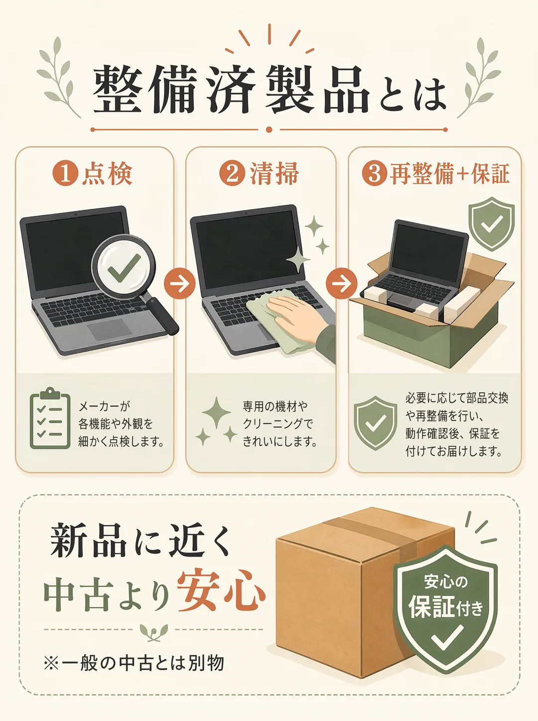 整備済製品の解説図解。整備済製品とは、メーカーが点検・清掃・再整備を行い、保証を付けて再び販売する製品のこと。①動作や状態を点検し、②清掃し、③必要な部品を交換して新しい箱に梱包し直し、メーカー保証を付けて出荷する流れ。たとえば返品された製品やわずかな箱の傷で戻ってきた品を、メーカー基準で仕上げ直すため、新品に近い状態でありながら新品より安く買える。保証が付くので、一般の中古品とは別物として安心して選べる。
