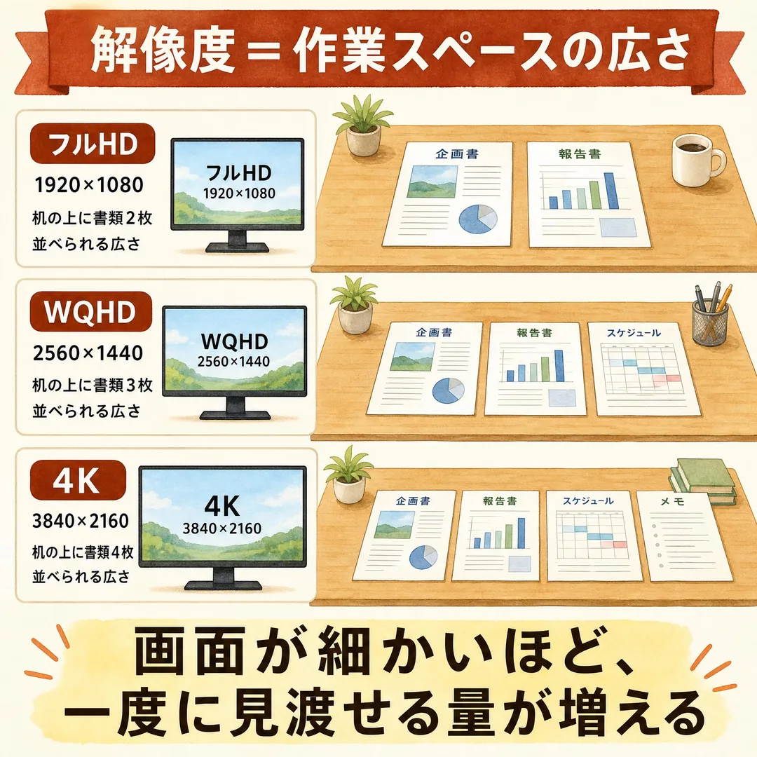 解像度の解説図解。「解像度＝作業スペースの広さ」というタイトルで、机に並べられる書類の枚数にたとえて3段階を比較。フルHD（1920×1080）は机に書類2枚、WQHD（2560×1440）は書類3枚、4K（3840×2160）は書類4枚を並べられる広さ。下部に「画面が細かいほど、一度に見渡せる量が増える」とまとめています。