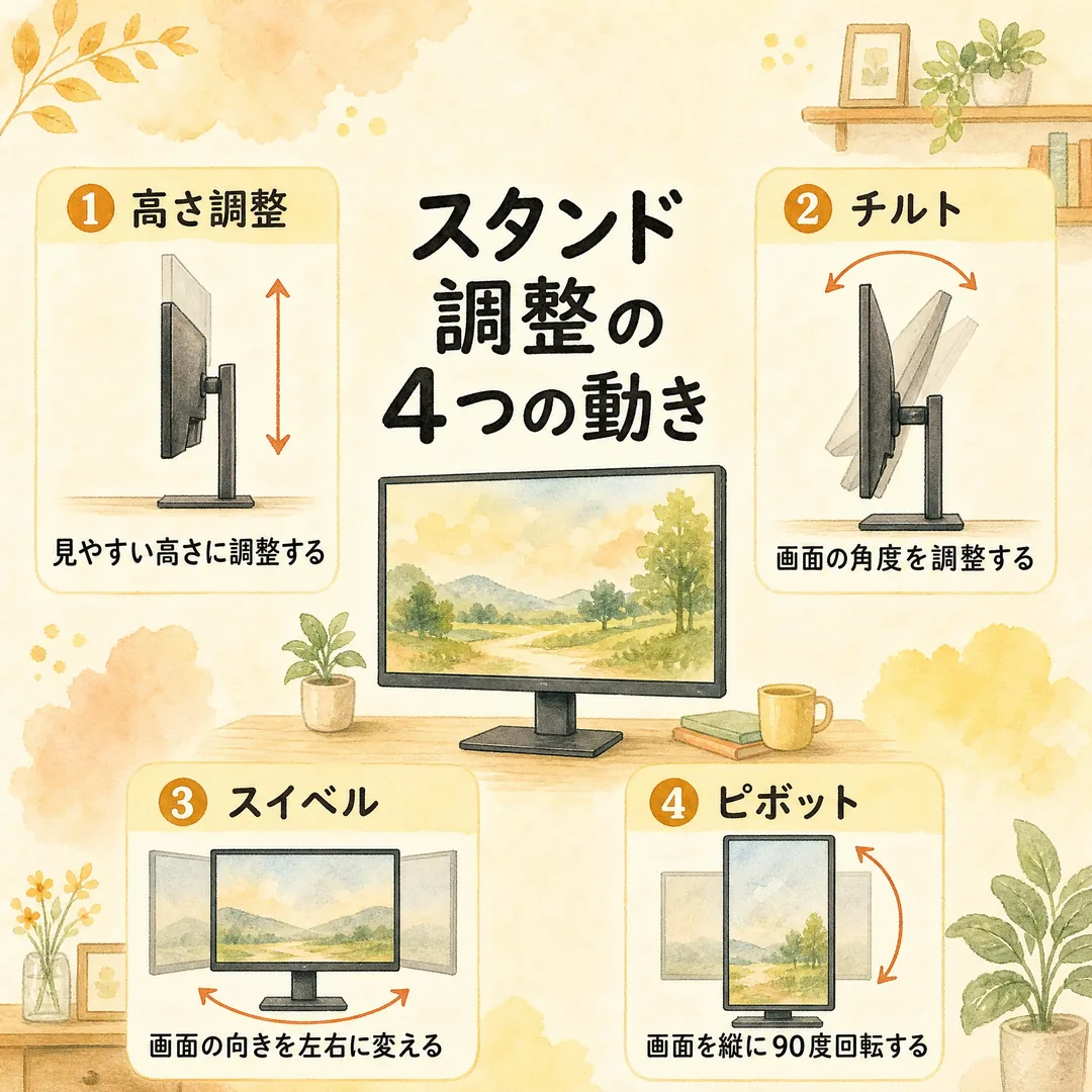 スタンド調整の4つの動きの図解。①高さ調整＝見やすい高さに上下する、②チルト＝画面の角度を前後に調整する、③スイベル＝画面の向きを左右に変える、④ピボット＝画面を縦に90度回転する。それぞれをモニターのイラストと矢印で示しています。