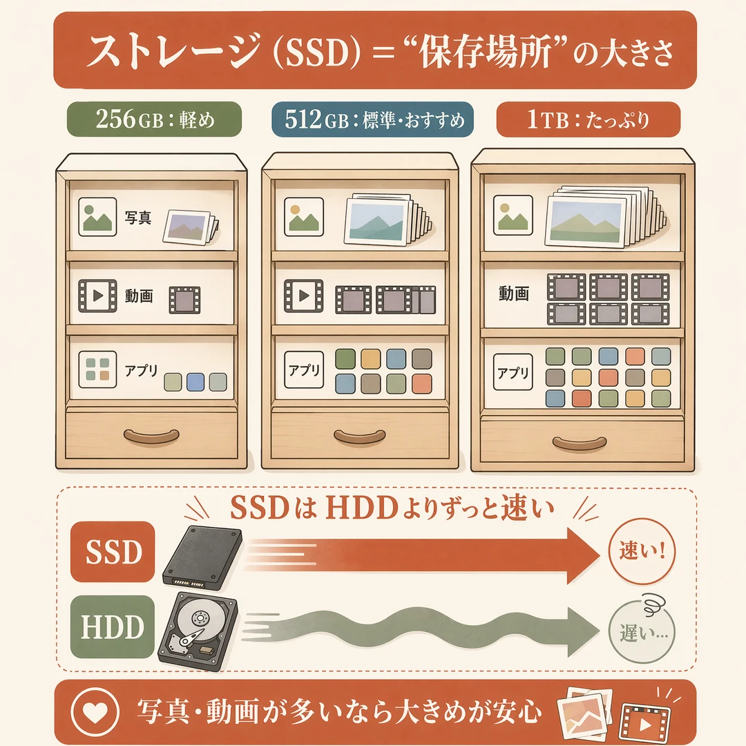 ストレージ（SSD）の解説図解。ストレージ(SSD)＝“保存場所”の大きさで、写真・動画・アプリを保存します。図では引き出し棚を容量別に3つ並べ、256GB=軽め、512GB=標準・おすすめ、1TB=たっぷり(写真・動画・アプリがたくさん入る)と示します。下段ではSSDとHDDの速さを比較し、SSDはHDDよりずっと速い(SSD=速い!/HDD=遅い…)。写真・動画が多いなら大きめが安心です。
