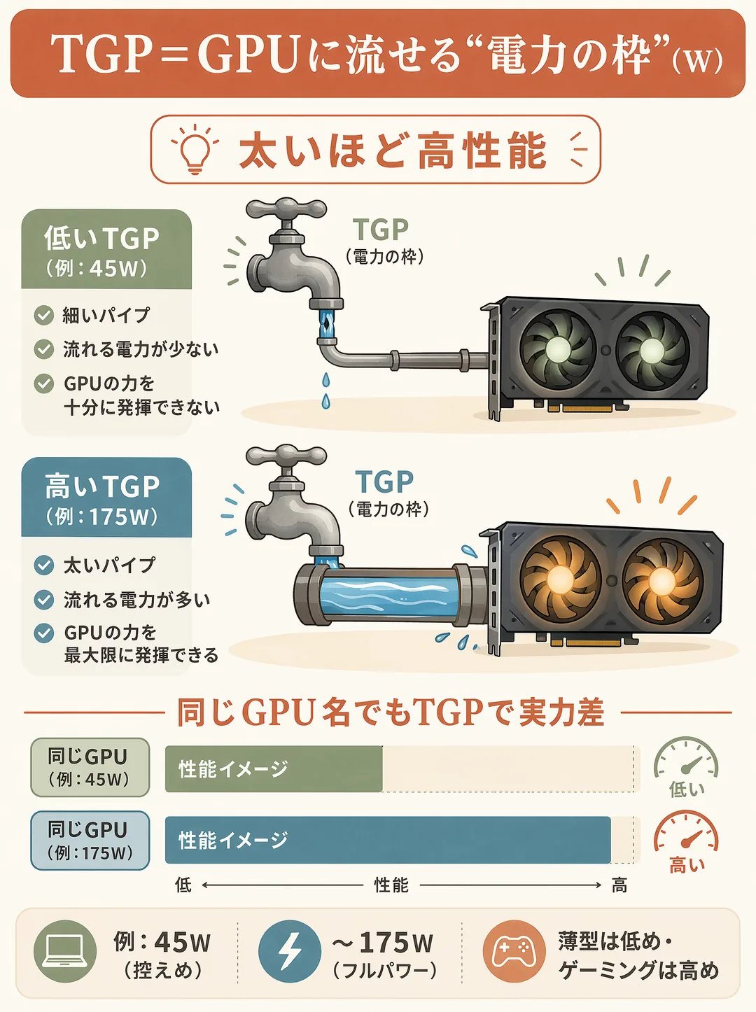 TGPの解説図解。TGPはGPUに流せる電力の枠（ワット）で、大きいほど性能を引き出せます。図では水道の蛇口とパイプにたとえ、細いパイプ（低W）はチョロチョロ、太いパイプ（高W）はたっぷり電力が流れ、その先のGPUの実力が変わる様子を示します。重要なのは、同じGPU名でもTGP次第で実力差が出ること（例：45Wの控えめ〜175Wのフルパワー）。薄型ノートは低めのTGP、ゲーミングノートは高めになりがちで、名前だけでなくTGPも確認すると失敗しません。