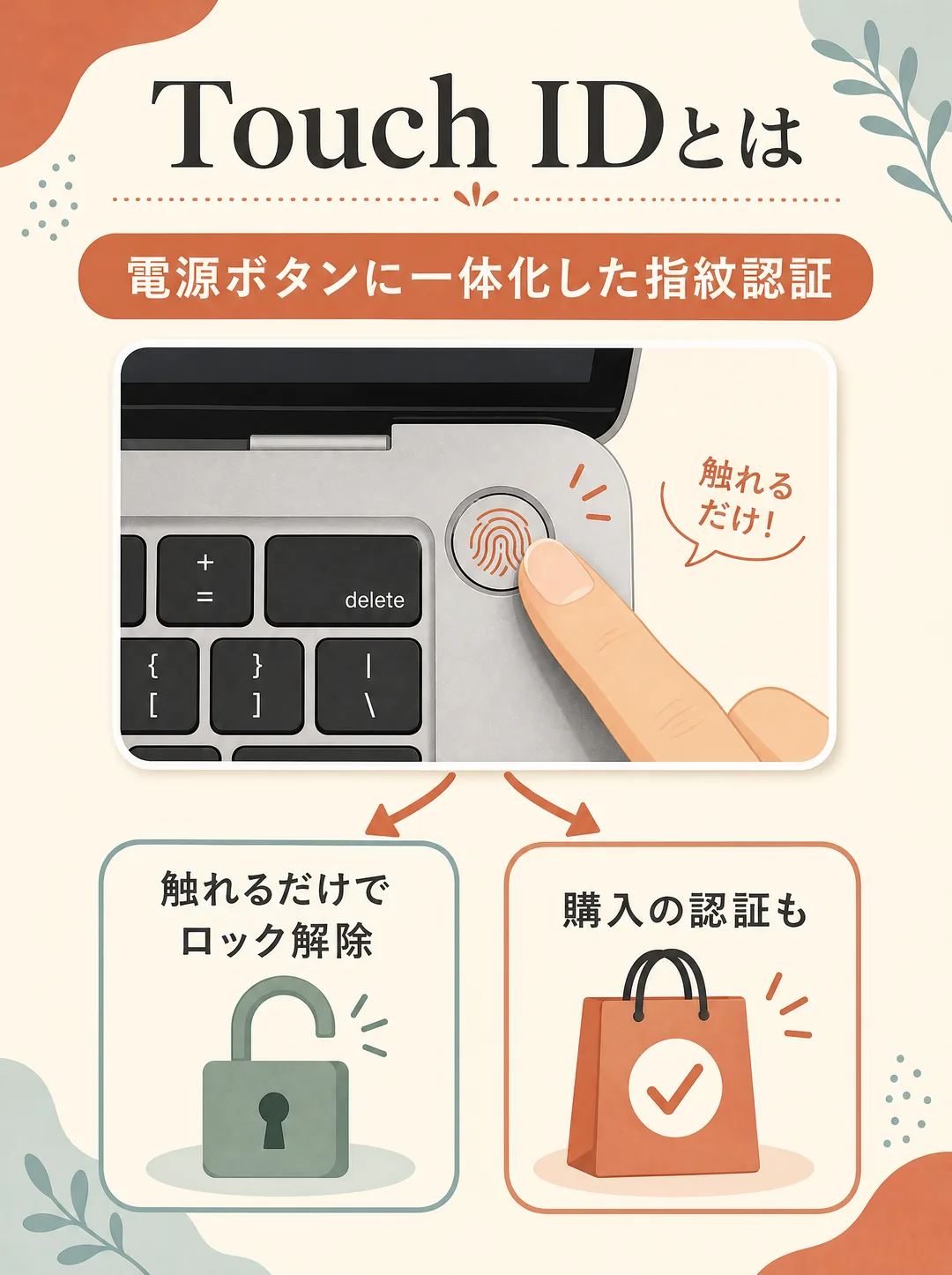 Touch IDの解説図解。Touch IDとは、Appleの指紋認証機能のこと。電源ボタンに指紋センサーが一体化しており、ボタンに指を触れるだけでロック解除ができる。たとえばPCを開いて電源ボタンに指を乗せると、パスワードを入力せずにサインインできる。さらにアプリの購入やオンライン決済の本人確認にも使え、安全かつ手早く操作できるのが利点。指紋は本人だけのものなので、セキュリティ面でも安心。