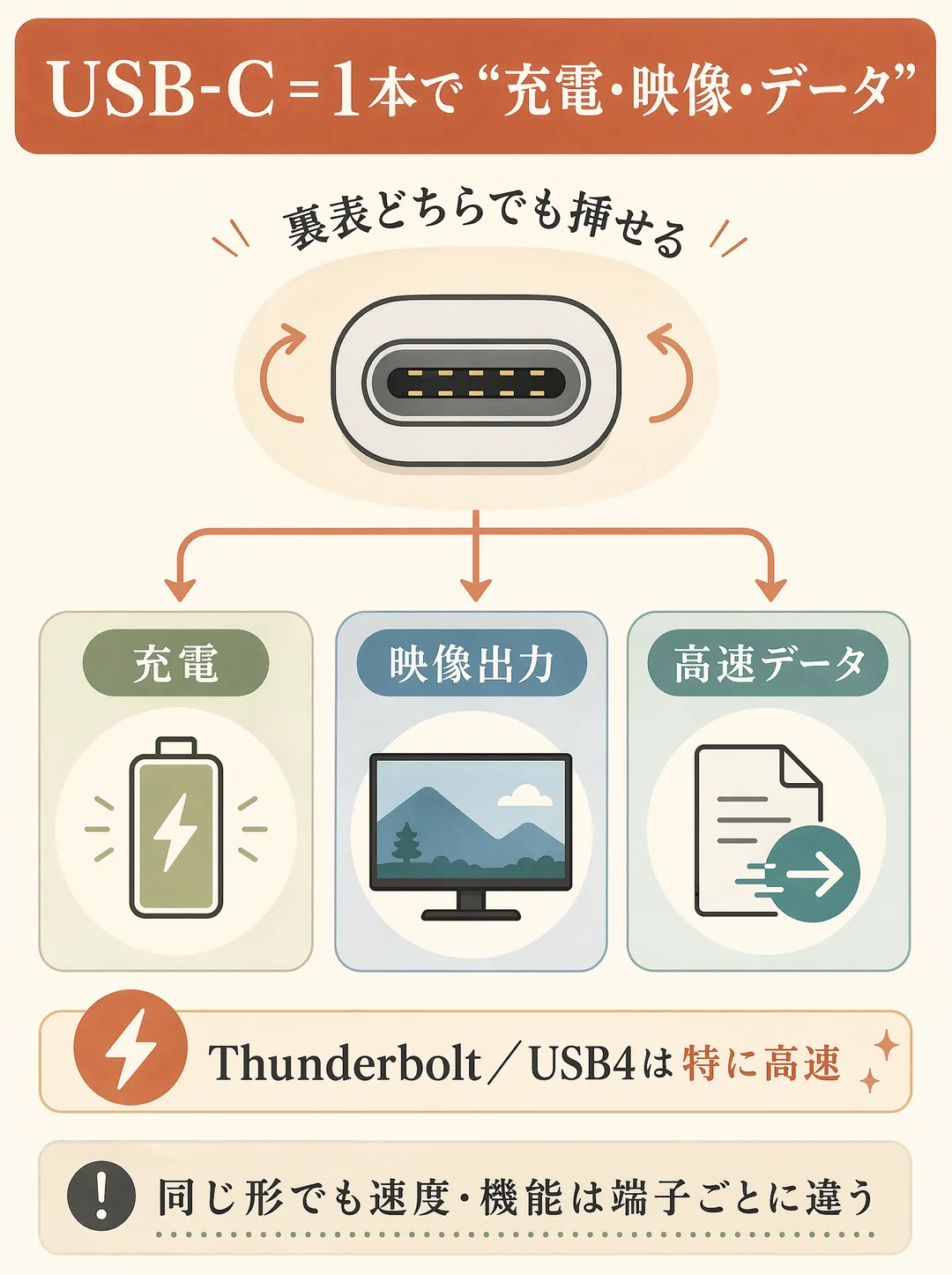 USB-C／Thunderboltの解説図解。USB-Cは楕円形の端子で、裏表どちらの向きでも挿せるのが特徴です。図では中央のUSB-C端子から、充電・映像出力・高速データの3方向にアイコンが分岐し、1本のケーブルでこれらをまとめてこなせる様子を示します。さらにThunderboltやUSB4に対応した端子は特にデータ転送が高速。注意点は、同じUSB-Cの形でも対応する機能や速度は端子ごとに異なること。何ができる端子かを購入前に確認すると安心です。