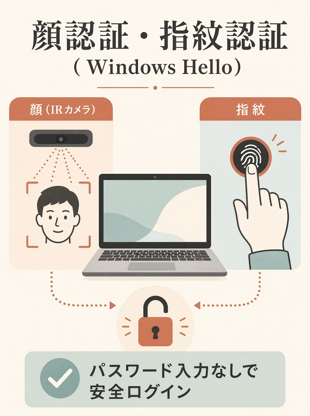 顔認証・指紋認証（Windows Hello）の解説図解。Windows Helloとは、顔や指紋でパスワードを入力せずに安全にログインできるWindowsの仕組み。顔認証は専用のIRカメラ（赤外線カメラ）で顔を読み取り、指紋認証は指紋センサーに指を当てるだけでロックが解除される。たとえばPCを開いて顔を向ける、または指を触れるだけで一瞬でサインインできる。毎回パスワードを打つ手間がなく、本人だけが解除できるため安全性も高い。